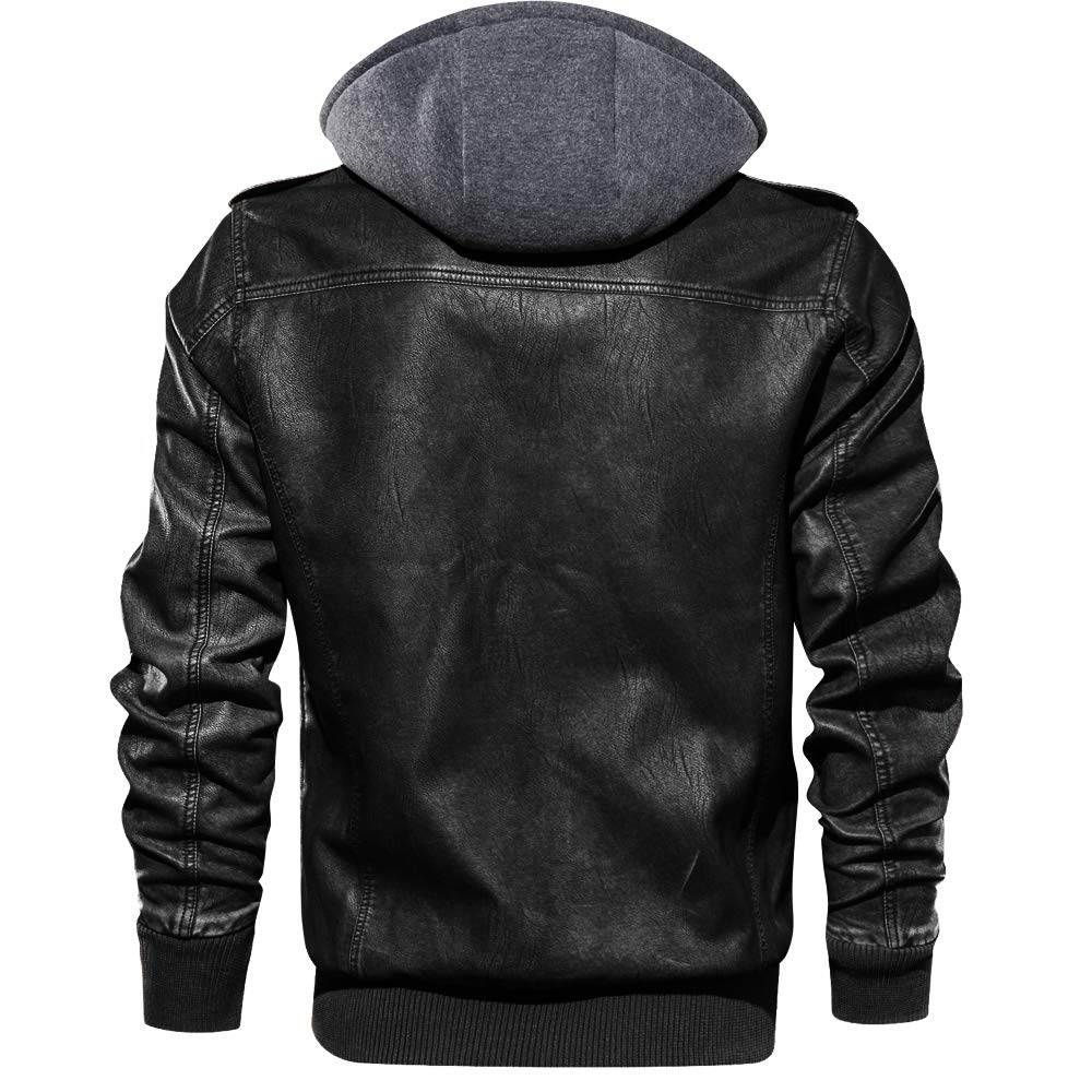 FEDTOSING Men\'s Faux Leather Jacket Retro Zip-UP Motorcycle Jackets with Removable Hood (Black-2 S)