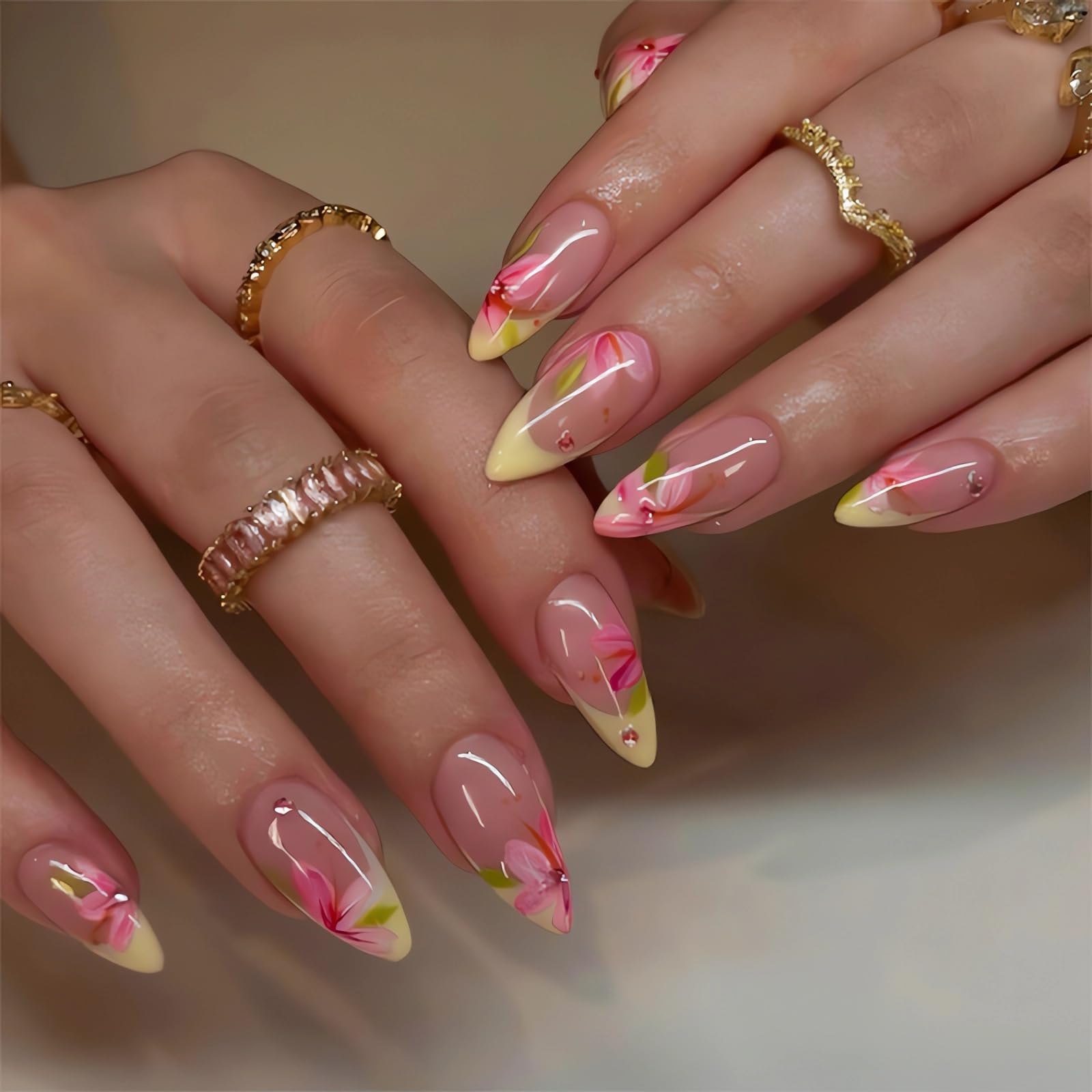 Photo 1 of Yellow French Tip Press on Nails Medium Almond Yellow Fake Nails with Pink Flower Designs Cute False Nails Medium Acrylic Glue on Nails French Artificial Nails Summer Stick on Nails for Women 24Pcs