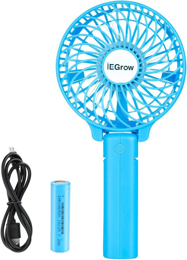 iEGrow Handheld Fan, Portable USB Mini Travel Fan with 2000mAh Rechargeable Battery, 3 Speeds Desk Fan for Home Office and Travel-Blue