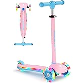 XJD 3-Wheel Scooter for Kids 2-8, Dynamic Gradient Deck Lights | LED Light-Up Wheels, 3 Adjustable Height, Lean-to-Steer, Max Load 110 lbs, Birthday Gift Toy for 2-8 Year Old Girl Boy