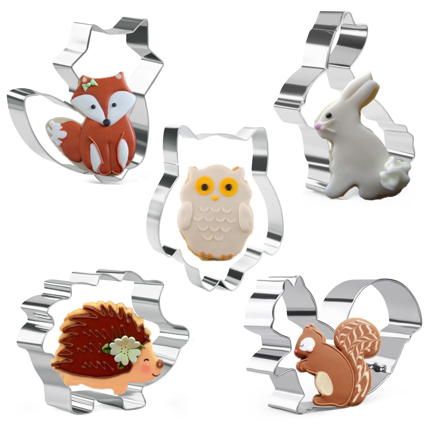 Keepaty 5 Pieces Animals Cookie Cutters Shapes for Baking - Rabbit,Owl,Fox,Squirrel and Hedgehog Shapes Stainless Steel Biscuit/Pastry Cutter