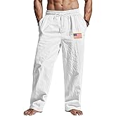 TAFLE Mens Linen Pants Elastic Waist Drawstring Summer Beach Yoga Pants Wide Leg Trousers with Flag Label