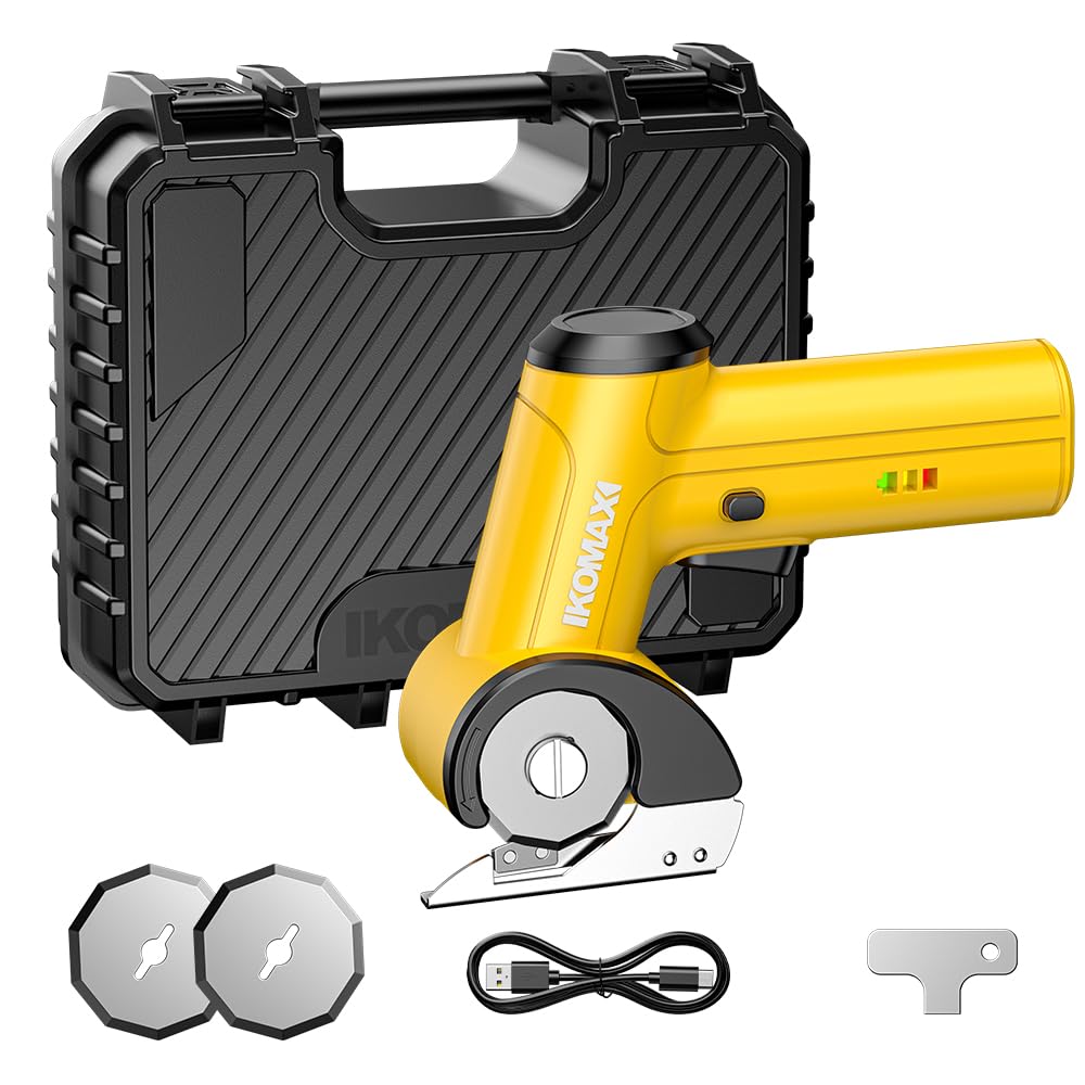 Photo 1 of KOMAX Cordless Cardboard Cutter,4V Rechargeable Battery with 3 Blades,2000mAh,Storage Box,Electric Box Cutter for Cardboard,Leather,Carpet,Fabric,Plastic - Yellow