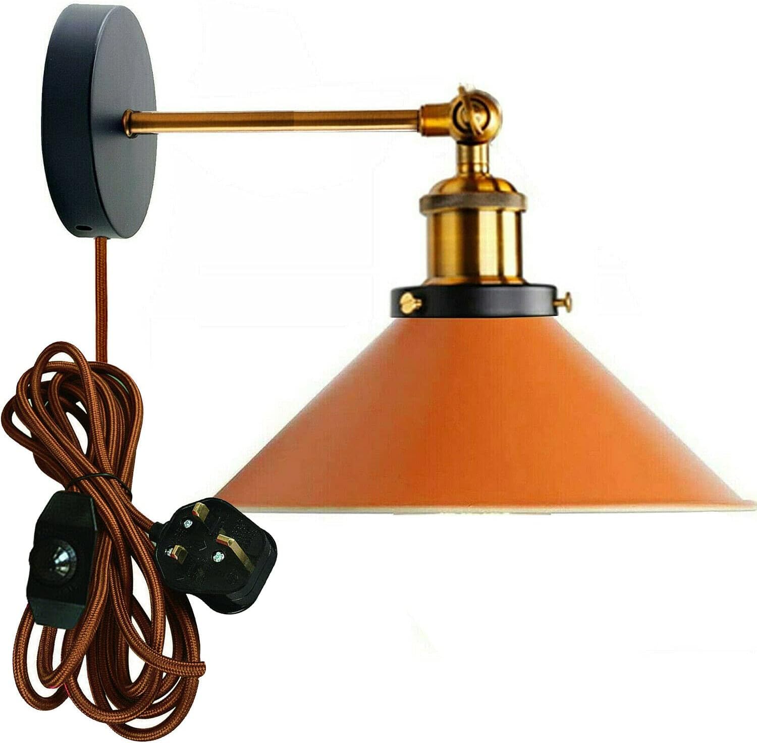 LEDSone Industrial Wall Sconce Adjustable Arm Light dimmer Switch Plug in 22cm Orange Metal Cone Lamp Shade with E27 Base Wall Lights for Restaurant Office and Indoor Home Decor