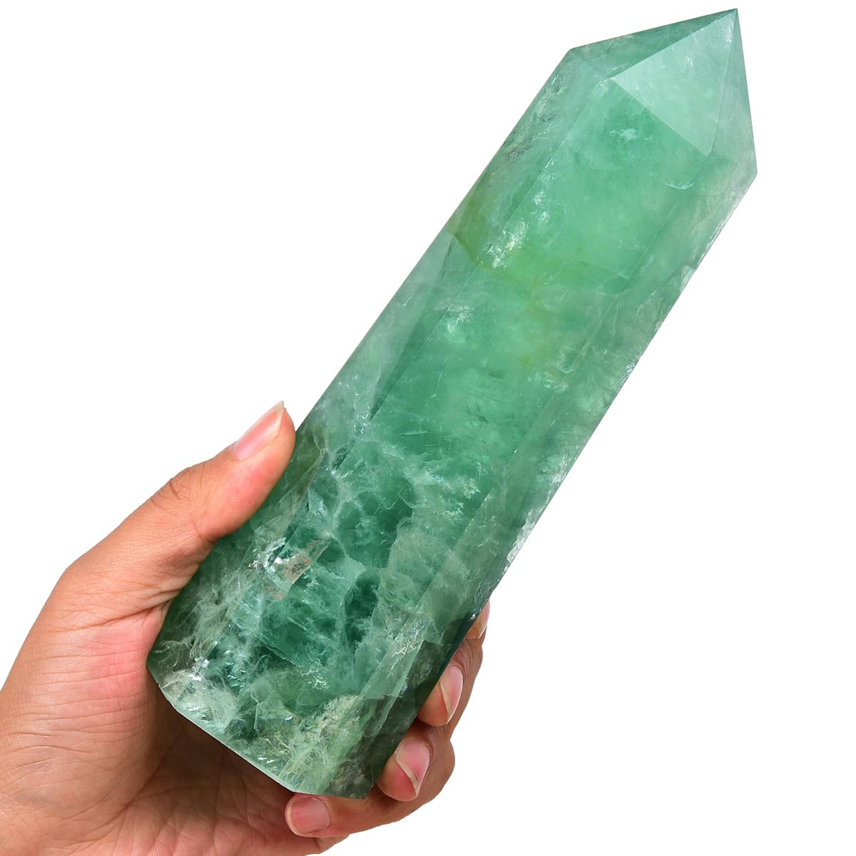 Photo 1 of MOGEMT Large Green Fluorite Obelisk Tower Natural Healing Crystal Wand 6 Faceted Point Reiki Chakra Meditation Home Decor 2.0-2.5 LBS
