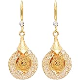 14K Gold-Toned CZ Flower Dangle Drop Earrings for Women Cubic Zirconia Hollow Out Rose Flowers Dangling Hoop Earring Round Bar Floral Fish Hook Fashion Vintage Wedding Jewelry