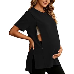 Women's Maternity Shirts Side Zipper Plus Size Nursing Tops Short Sleeve Basic Maternity Shirts Summer Casual Tees