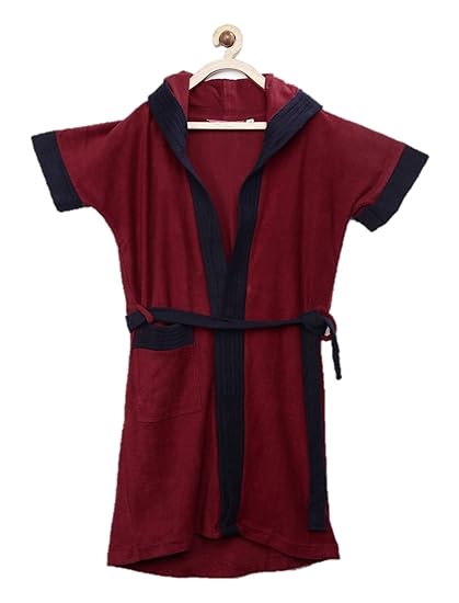 Sanddune Boys Half Sleeves Knee Length Pocket Terry Cotton Hood Bathrobe Gown with Waist Belt (Red, Navy Blue, 12 to 13 Years)