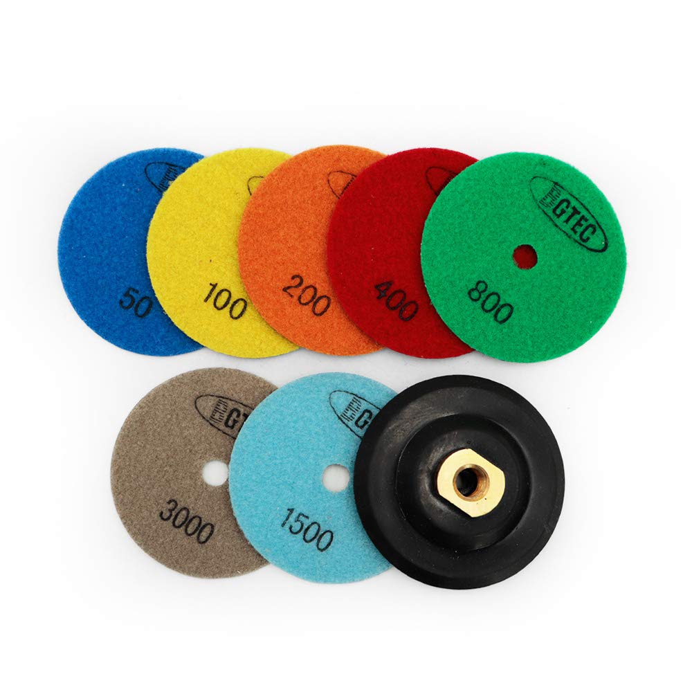 BGTEC 100mm Dry Diamond Polishing Pads Set,7 Pieces Pads Plus Rubber Hook and Loop Backing Pad for Marble Stone Quartz Tiles Floor Edges Countertop Polishing