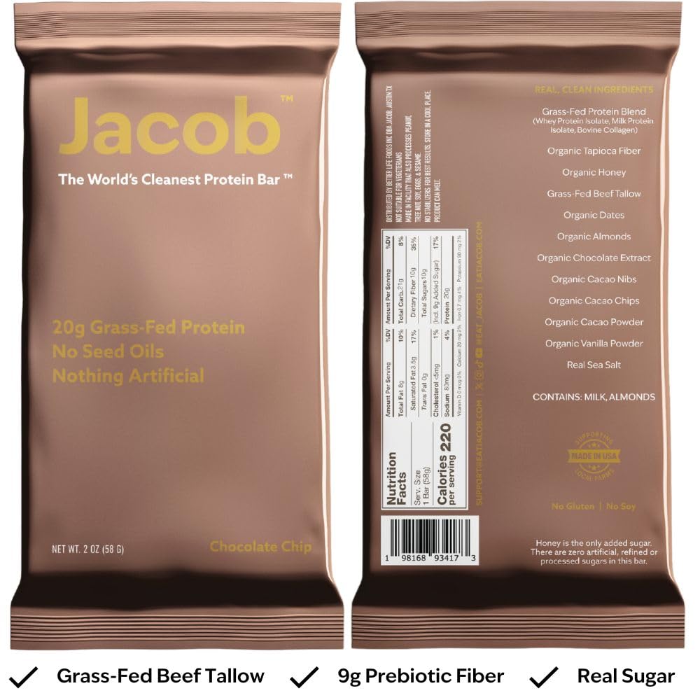 Jacob Bar, Protein Bars, Chocolate (9 Bars Total) - 20g Grass-Fed Protein, No Seed Oils, Nothing Artificial