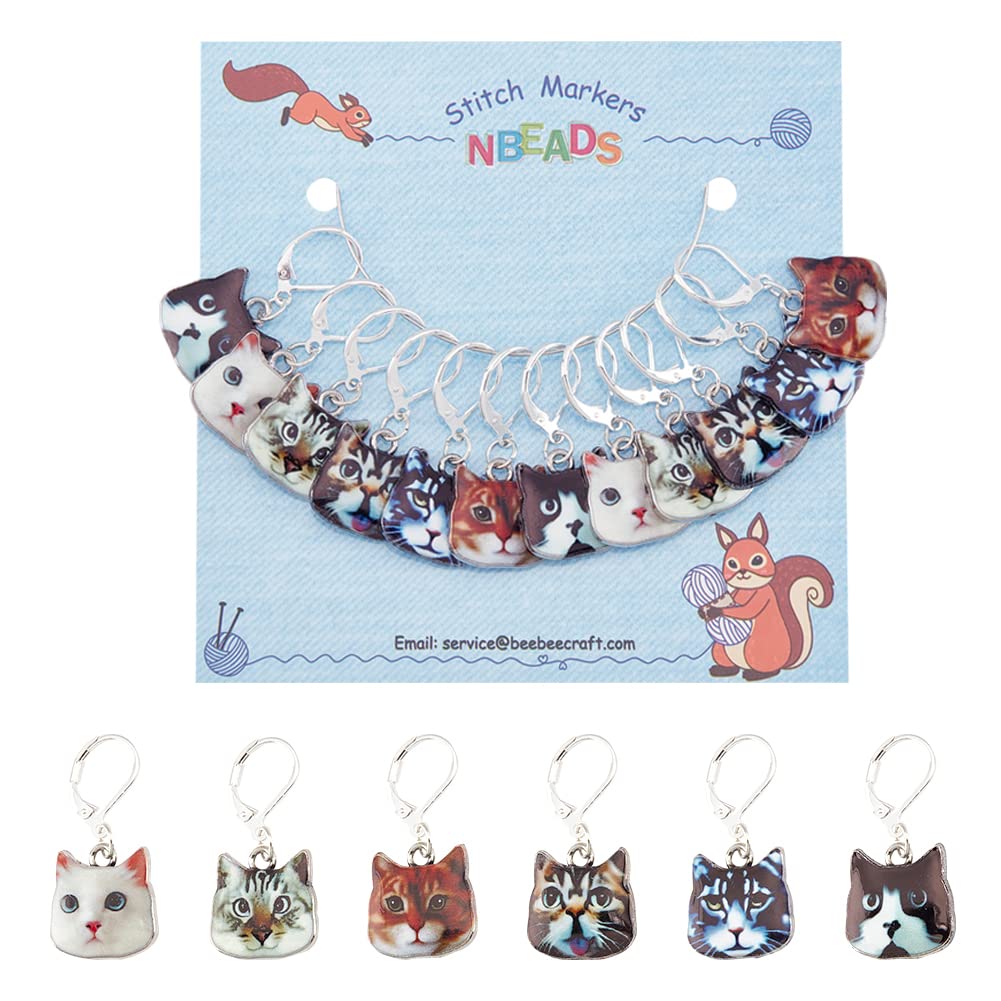 NBEADS 12 Pcs Cat Stitch Markers, 6 Styles Alloy Enamel Cat Crochet Stitch Marker Charms Removable Locking Stitch Marker for Knitting Weaving Sewing Accessories Quilting Handmade Jewelry — image 1