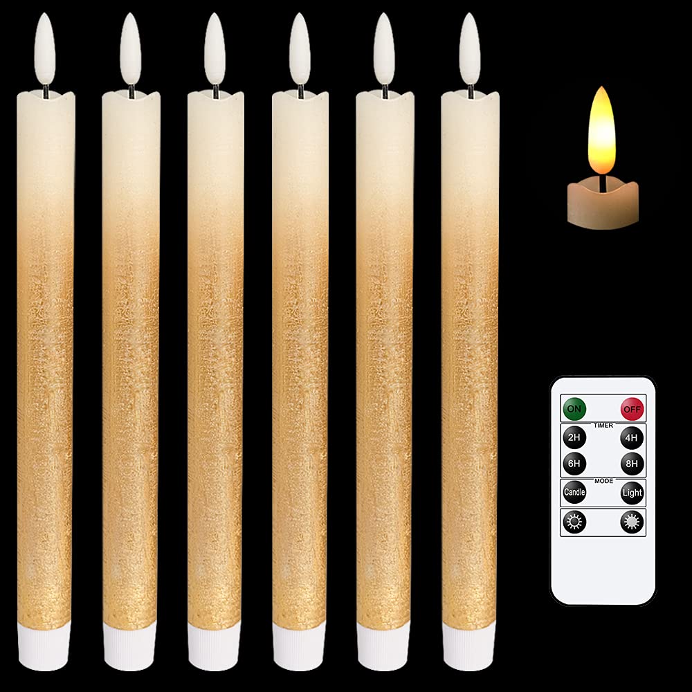 Eldnacele LED Flameless Taper Candles Battery Operated with Remote and Timer, Set of 6 Real Wax Warm Light 3D Wick Flickering Window Candles 0.78" x 9.64" Christmas Home Decoration(Gold Gradient)