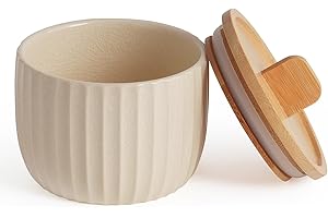 Lunavita Salt Cellar Keeper with Bamboo Lid, 14oz Big Capacity Ceramic Sugar Bowls Pepper Box, Crackle Glaze Seasoning Container Condiment Pot for Kitchen, (Cream Color), 4″×4″