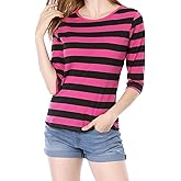Allegra K Women's Elbow Sleeves Top Round Neck Slim Fit Basic Tee Casual Printed T-Shirt