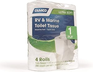 Camco RV Bathroom Toilet Tissue - 4 Rolls Sewer-Safe, Septic-Safe, Biodegradable 1-Ply Bath Tissue Designed for Trailer, Motorhome, & Marine Sanitation Systems (40275)