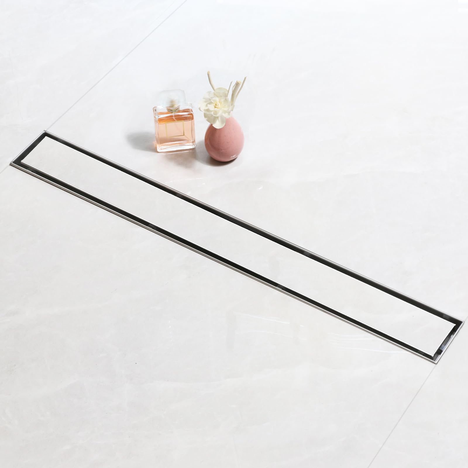 SaniteModar 40 cm Linear Shower Drain, 2-in-1 Tile Insert Panel Shower Drain with Siphon, Brushed 304 Stainless Steel Linear Drain with Leveling Feet