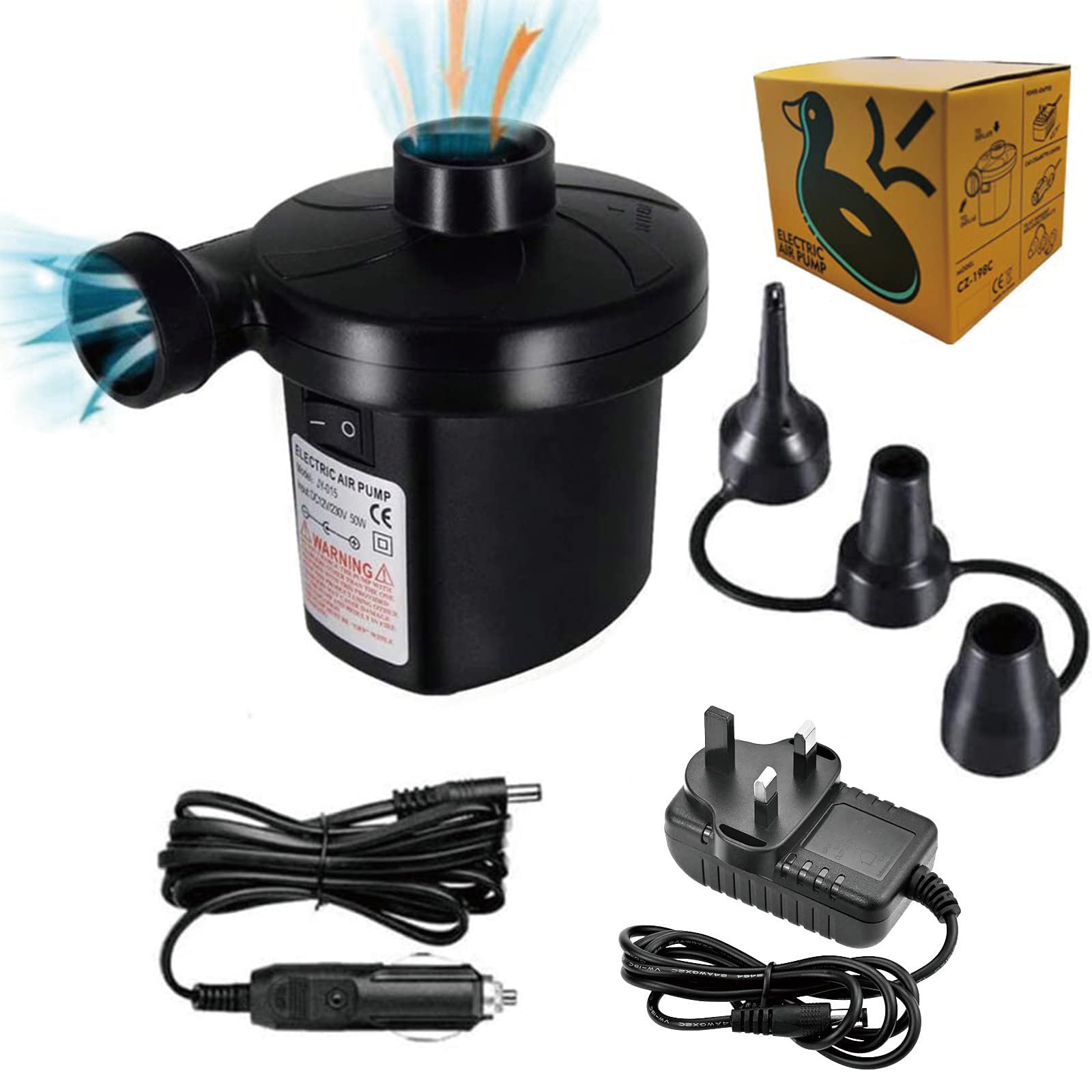 Electric Air Pump, 2 in 1 Quick Inflate/Deflate Electric Pump for Inflatables with 3 Nozzles Portable (Home/Car), Portable Airbed Pump for Camping/Boat/Air Mattress/Inflatable Sofa/Water Beds/Pool Toy