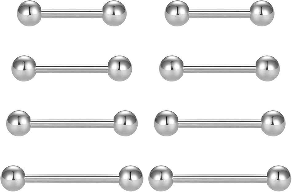 Piercing Barbell Dritto 8Pezzi - Acciaio 316L Per Lingua/Capezzoli - 14G, Lunghezze 12-18mm