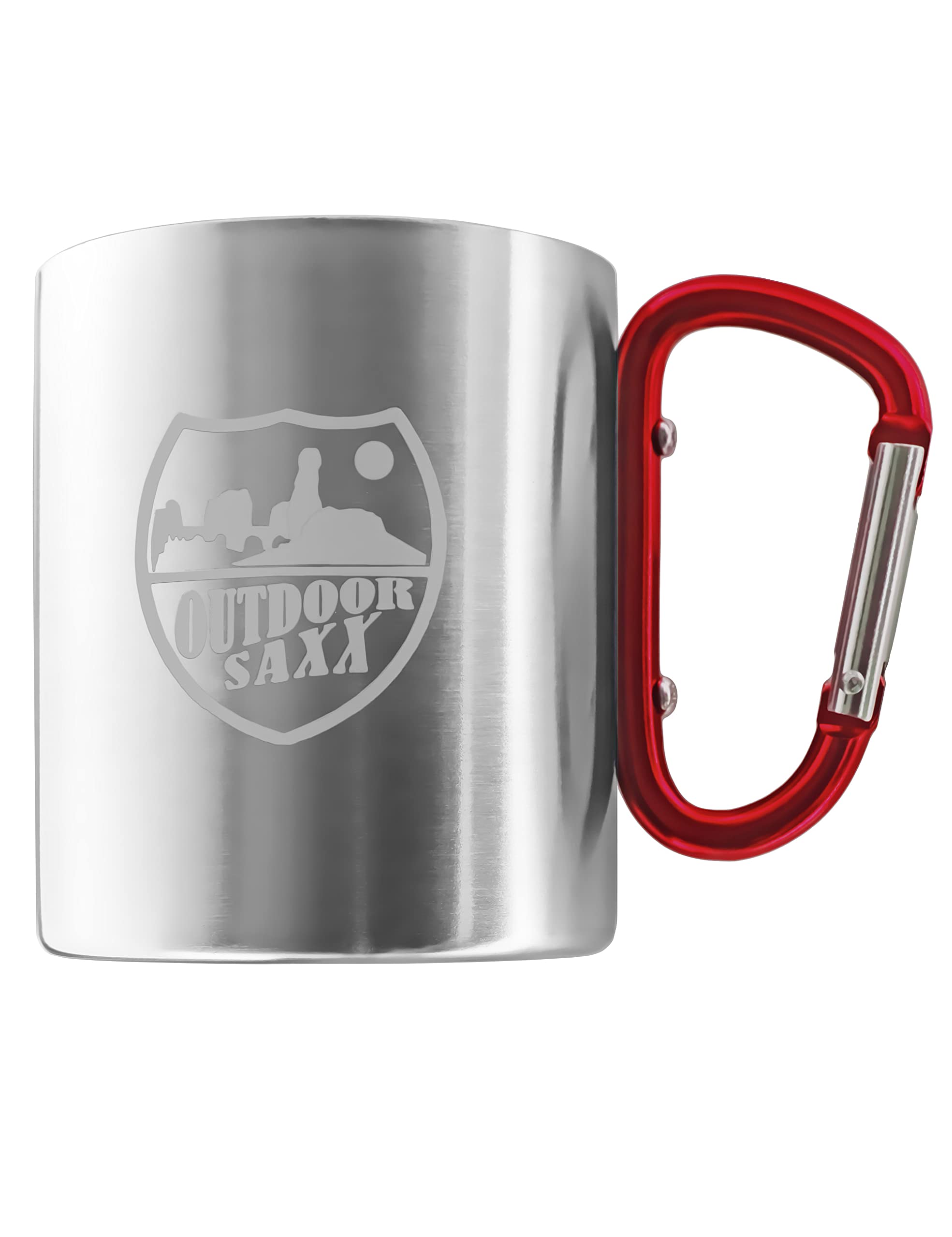 OUTDOOR SAXX® Stainless steel mug with carabiner handle and laser engraving (red)