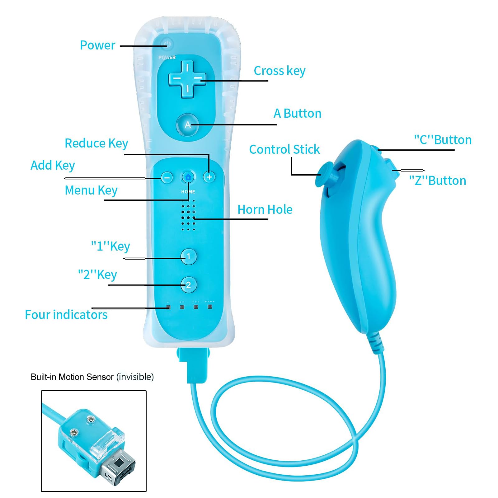 Compatible with Nintendo Wii Controller, Wii Remote with Nunchuck and Nunchuck Controller with Silicone Case and Wrist Strap for Wii and Wii U, Included 2 AA Batteries (Blue)