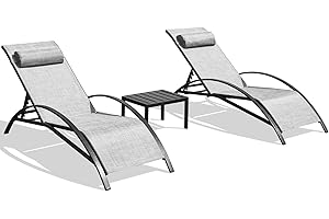 EROMMY All-Weather Textiline Recliner Chairs Set of 2 Outdoor Lounge Chairs with Adjustable Backrest, Patio Chaise Lounges with Coffee Table, for Patio Beach Yard Pool,Grey