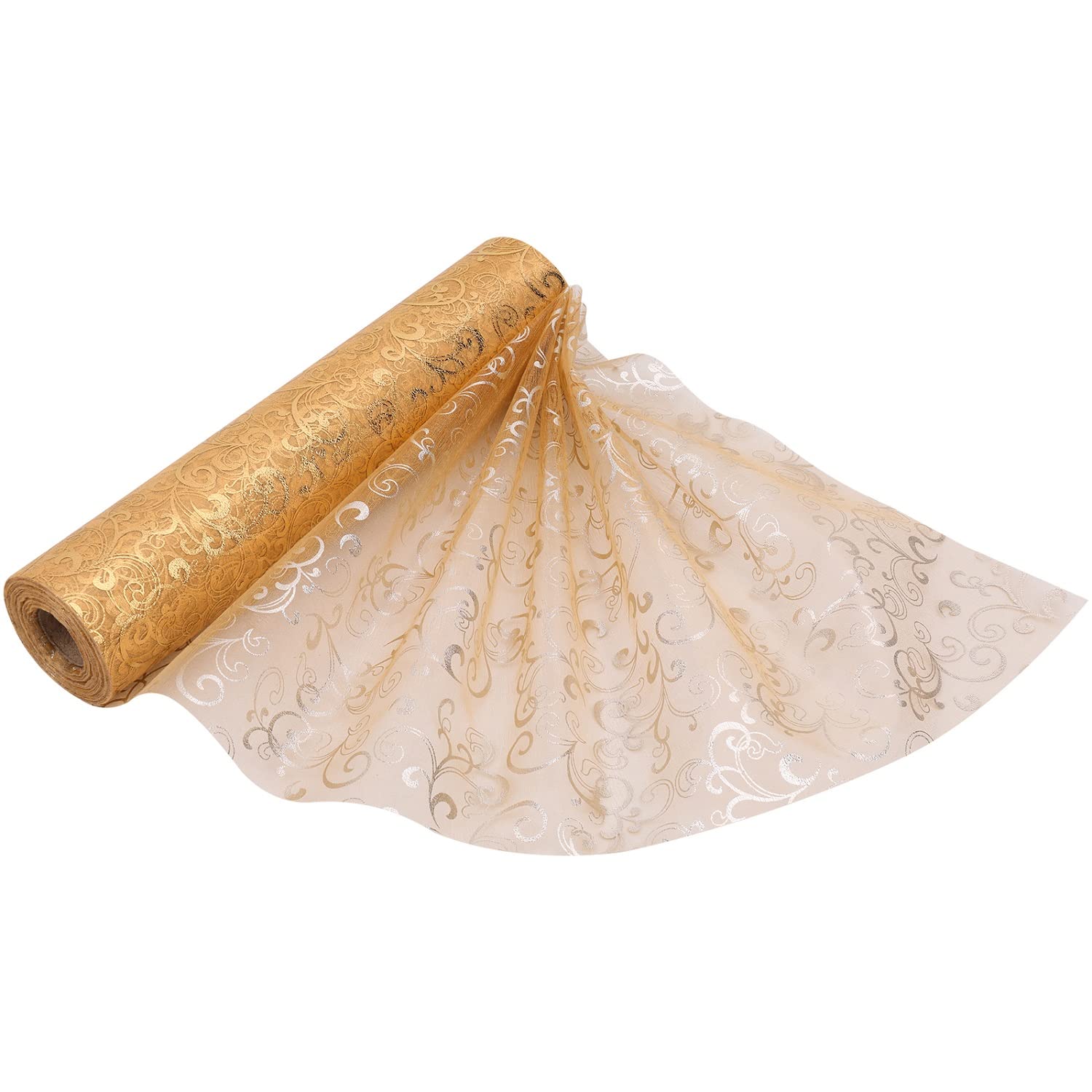 25m x 29cm Organza Roll Sparkle Snow Sheer Glitter Fabric with Flocked Swirl Design for Wedding Venue, Chair Bow Sash, Table Runner, Xmas Tree, Christmas Wreath, Gift Wrapping, Party Decoration, Gold