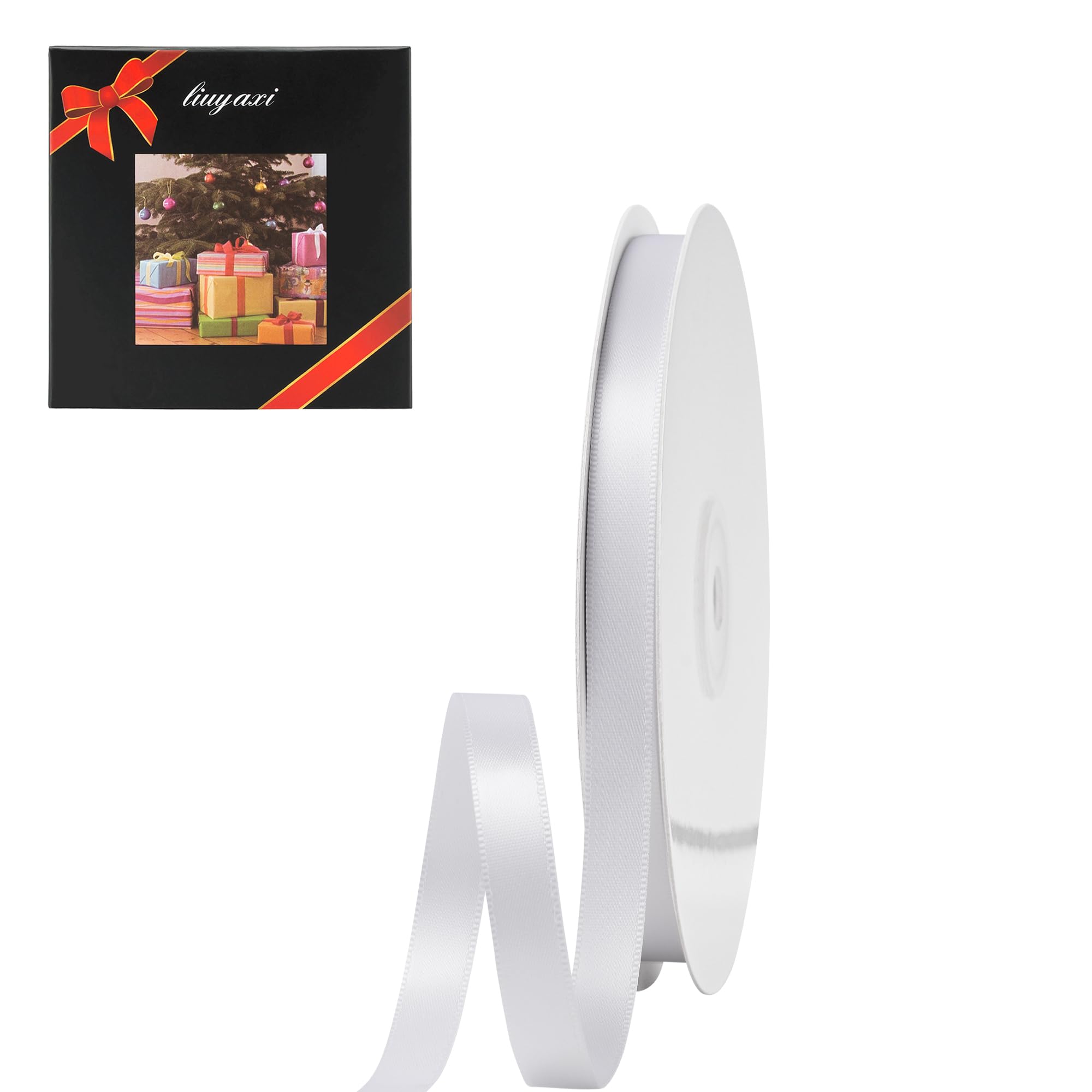 Photo 1 of LIUYAXI White Double Faced Satin Ribbon, 3/8" X Continuous 25 Yards, Ribbons Perfect for Gift Wrapping Bows Bouquet Wedding Decor DIY Craft and More