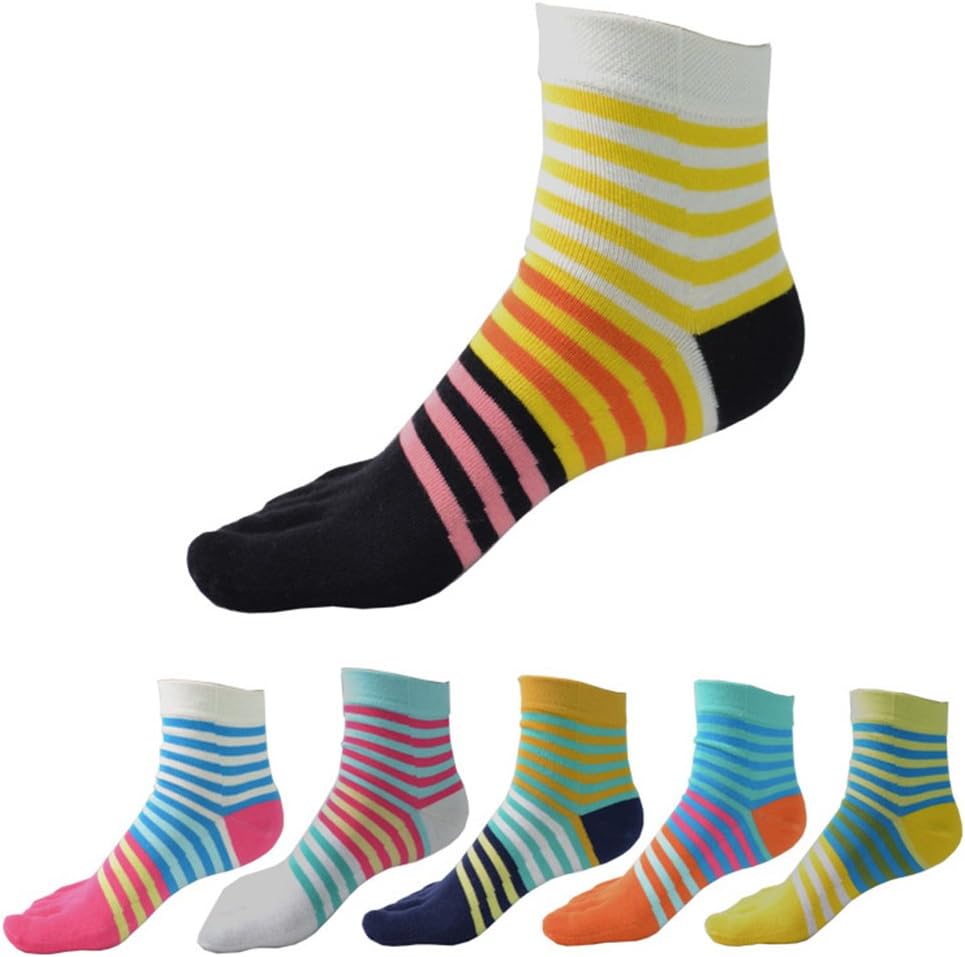 Womens Fashion Striped Colorful Cotton Rich Five Fingers Separate Toe Socks 6 Pairs