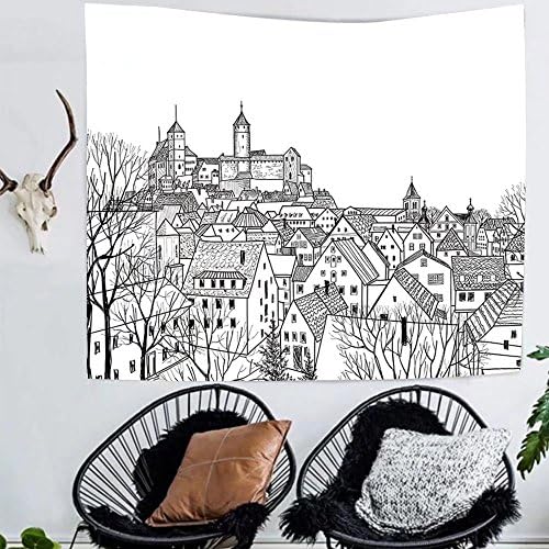 Amazing Outlets Tapestry custom Apartment Decor Collection Aerial View of A Medieval City with Gothic Roof Tops and Towers Royal Building Design Bedroom Living Room Dorm Tapestry Black White