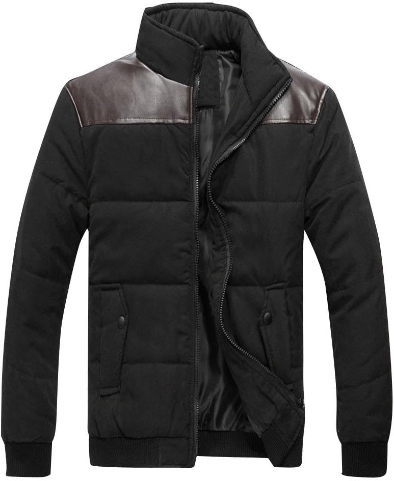 HARRYSTORE Men's Classic Windbreaker Cotton Jacket with Stand Collar Padded Coat Bubble Quilted Warm Leather Slim Fit Outerwear