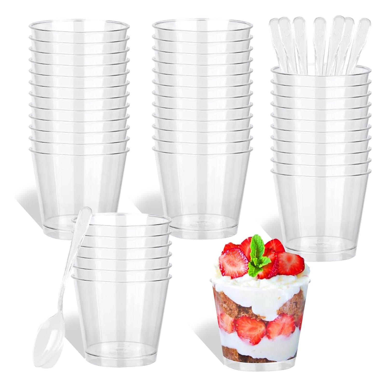 URHELP Pack of 50 Dessert Cups with 50 Spoons, 200 ml Clear Dessert Bowls, Reusable Dessert Cups, Round Cups for Home Desserts Pudding Mousse ice Cream Party