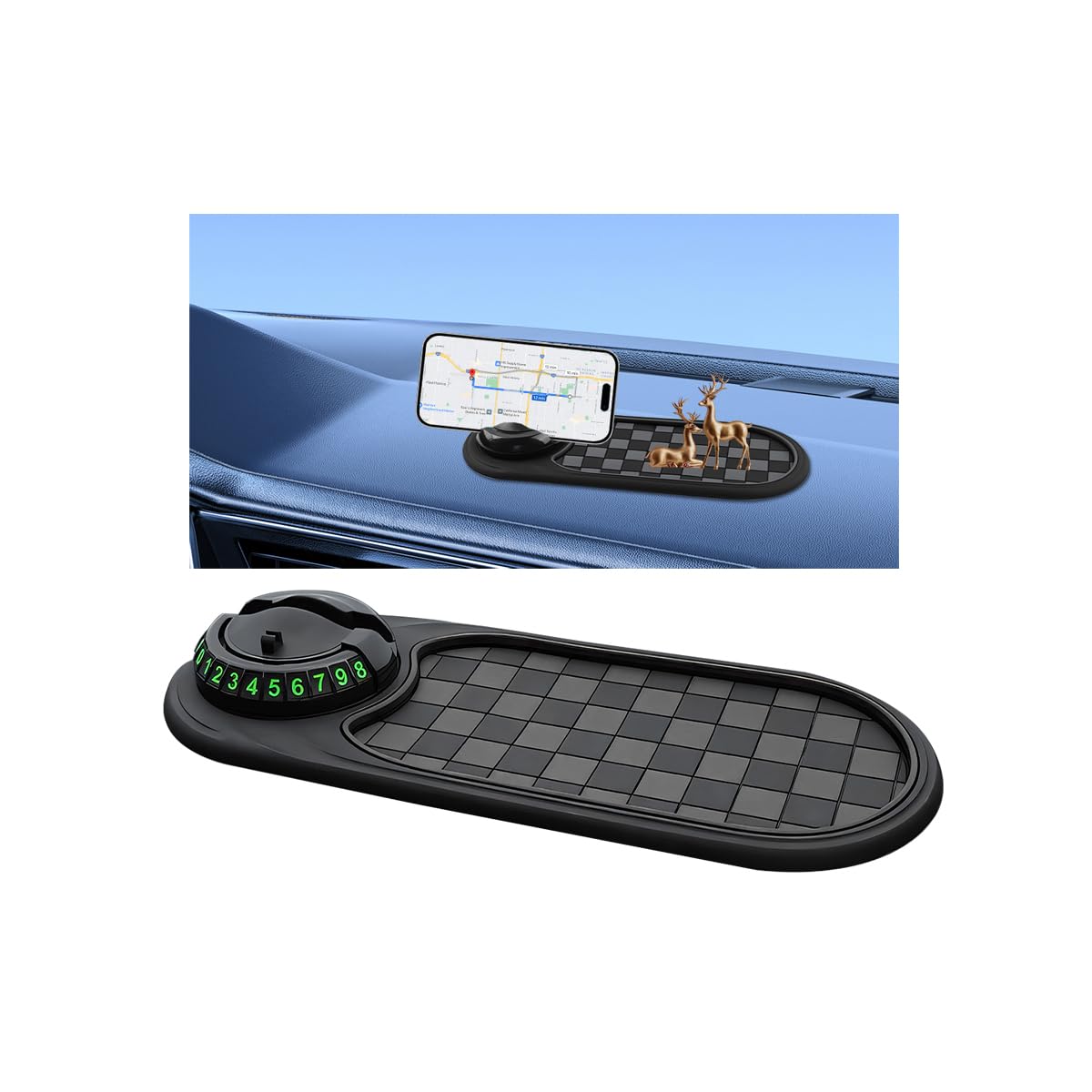 TNAIYH Multifunctional Car Anti-Slip Pad, 3 in 1 Rotatable Non-Slip Vehicle Dashboard Mat with Phone Holder & Temporary Parking Number, Dash Storage Pad for Key Gadget, Universal Fit (Grey/Black)