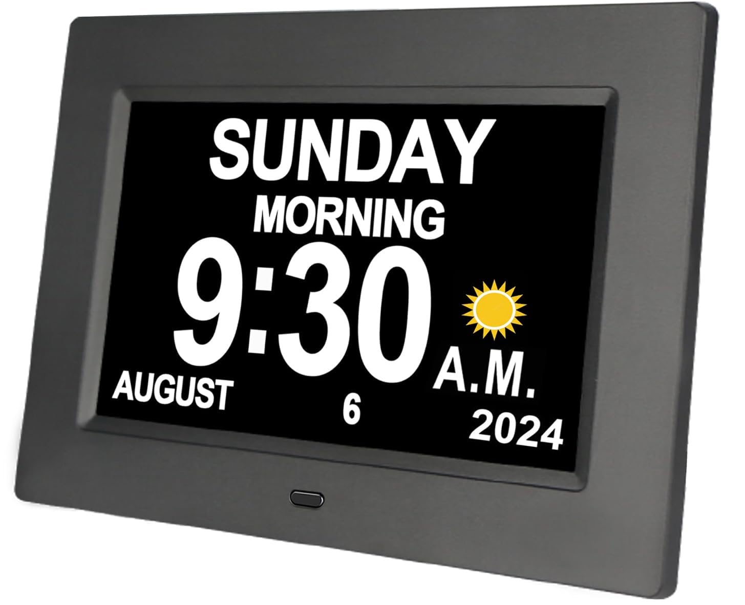 Yuanzeco Alarm Clock With Date & Calendar - 7" Digital Day Clock & Photo Frame - Auto Dimmable Display, 15 Alarm Options, Non-Abbreviated Day & Month (Black)