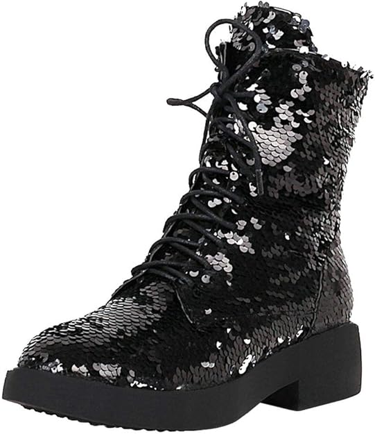 Caradise Womens Lace Up Glitter Combat Boots Chunky Heel Sequin Ankle
