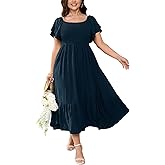SCOMCHIC Women's Plus Size Maxi Dress Ruffle Sleeve Square Neck Smocked Flowy A-Line Wedding Guest Party Long Dresses