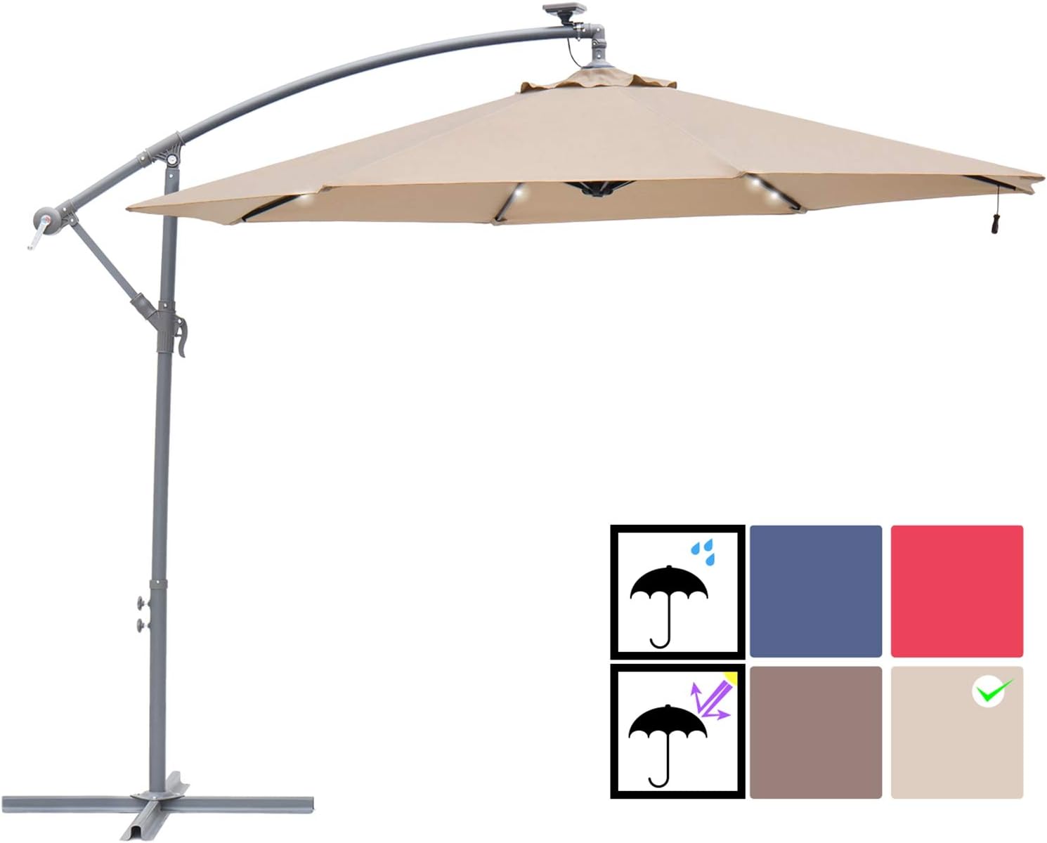 SUNBRANO 10ft Solar Power LED Outdoor Cantilever Patio Umbrella, Offset Crank Hanging Umbrella with 32 LED Lights, 8 ribs, Taupe