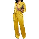 Women Jumpsuits For Elegant Sexy V Neck Long Sleeve Casual for Work Wide Leg Pants with Pockets Belt