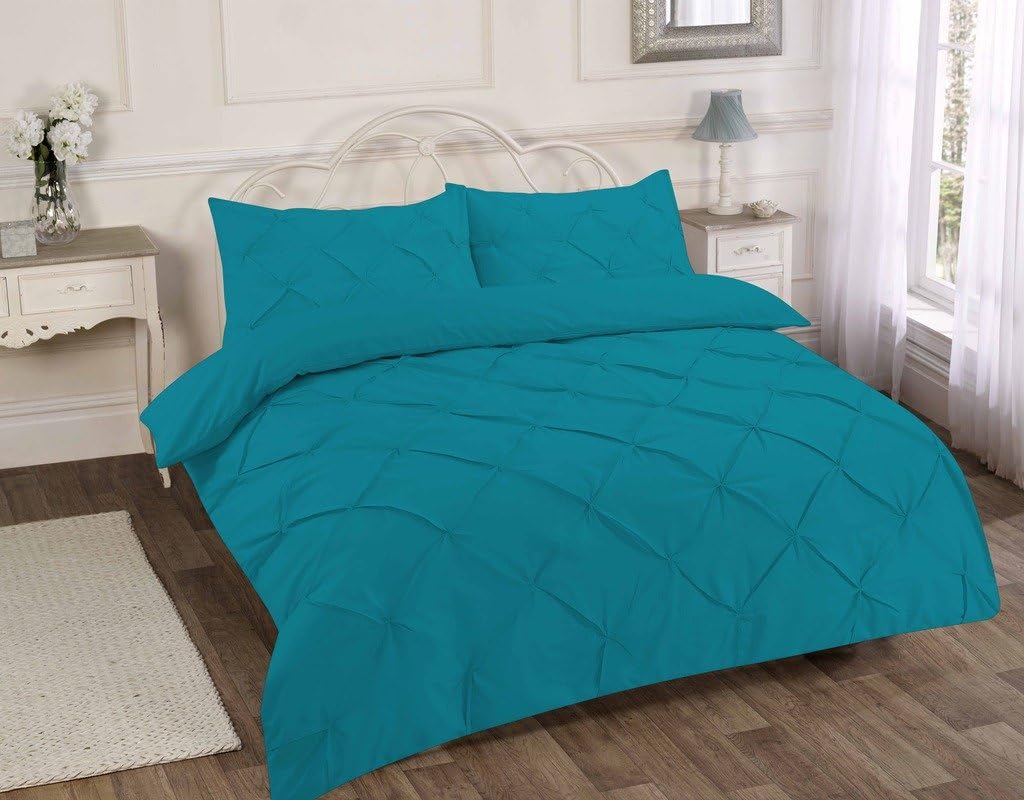Duvet Cover Set Plain Pintuck Polycotton Bedding (Teal, Double)