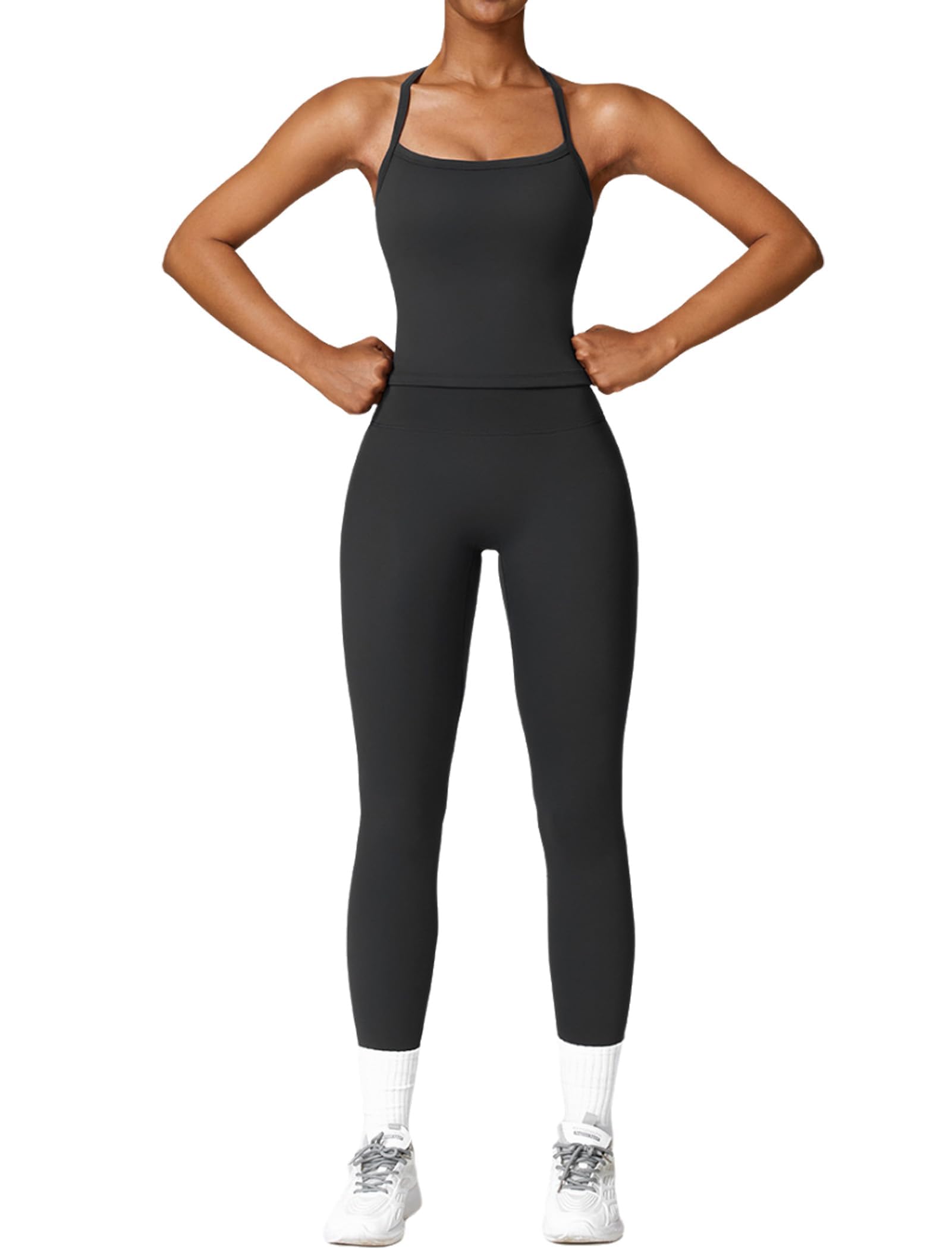 Photo 1 of Womens Workout Sets Two Piece Seamless Stretch Cross Back Tank Top Matching Tummy Control High Waist Leggings Set 2 Piece For Women Gym Yoga Active Wear Outfits Athletic Work Out Clothes Black M