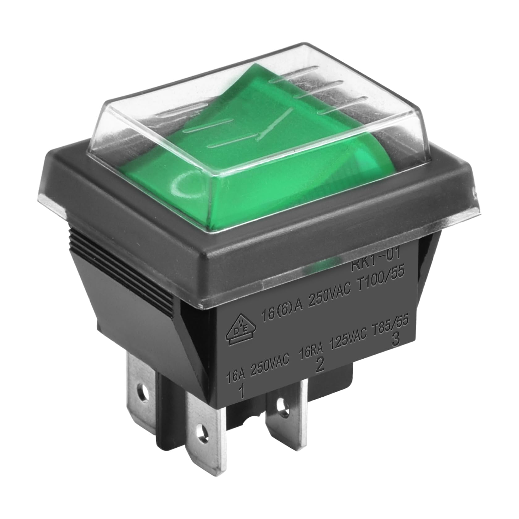 Heschen Rocker Switch ON-OFF DPST 4 Terminals Green Light 16A 250VAC With Waterproof Cover (1)