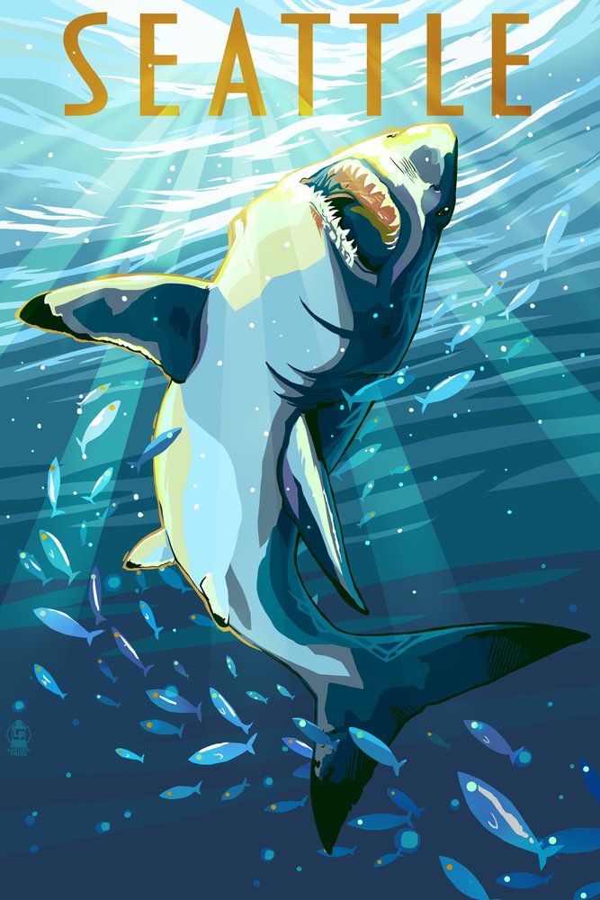 Seattle, Washington - Great White Shark (24x36 SIGNED Print Master Giclee Print w/Certificate of Authenticity - Wall Decor Travel Poster)