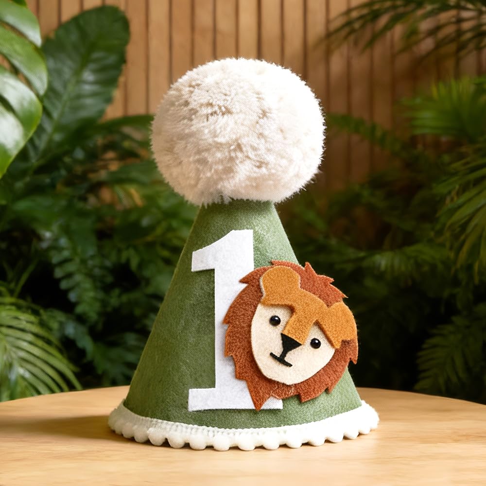 HSC Wild One 1st Birthday Decorations for Boys, 1st Birthday Hat, Jungle Themed Soft Cone Party Hat with Pom Pom for Baby Boy, Cute Toddler Party Supplies & Gifts — image 1