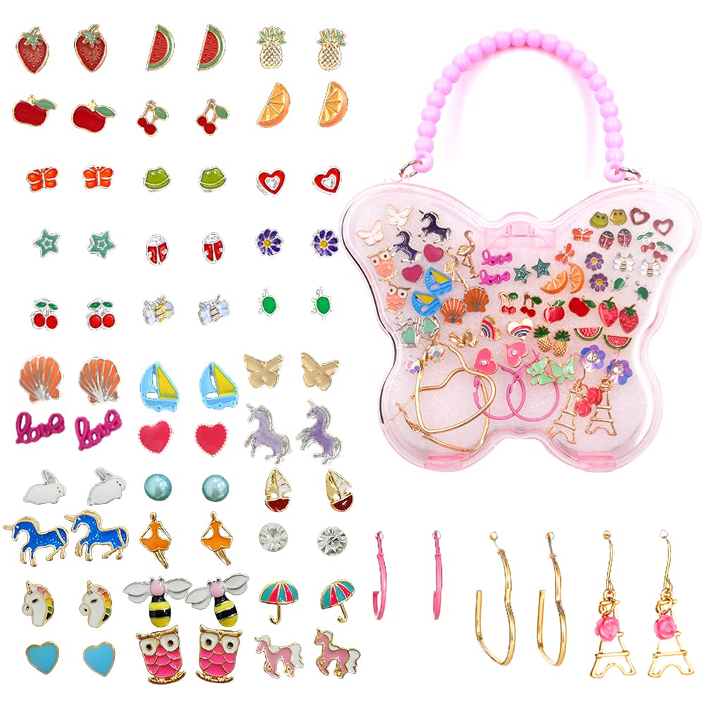 SNAILGARDEN Girls' Earrings,33 Pair Cute Stud Earrings with 1 Earrings Storage Box,Colorful Heart Flower Unicorn Crystal Earrings for Women Girls Kids
