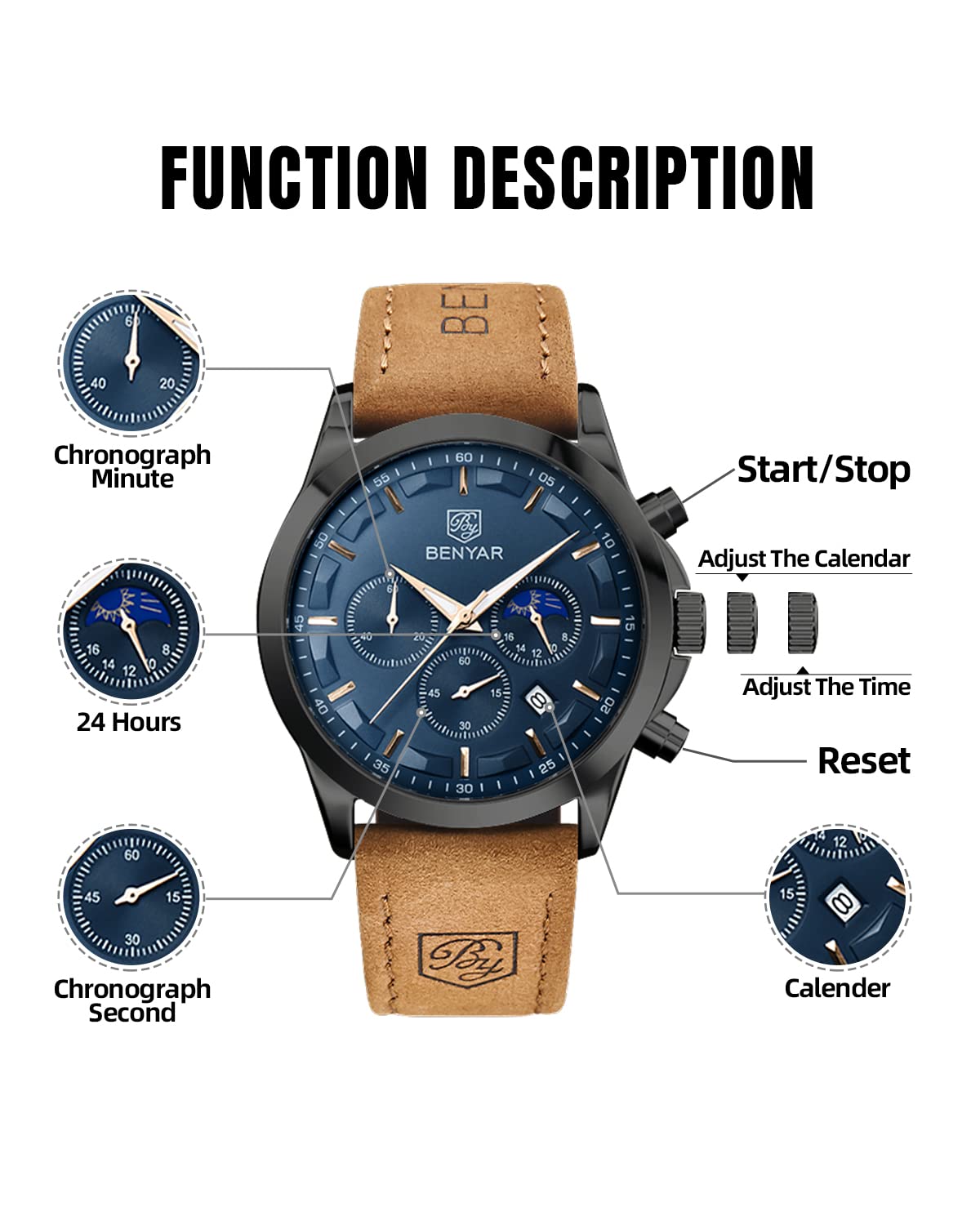 BENYAR Herren Uhr Chronograph Analog Quarz Wasserdicht Leuchtende Datum Herrenuhren Stilvolle Lederband Armbanduhr Elegantes Business Uhren Geschenk für Männer
