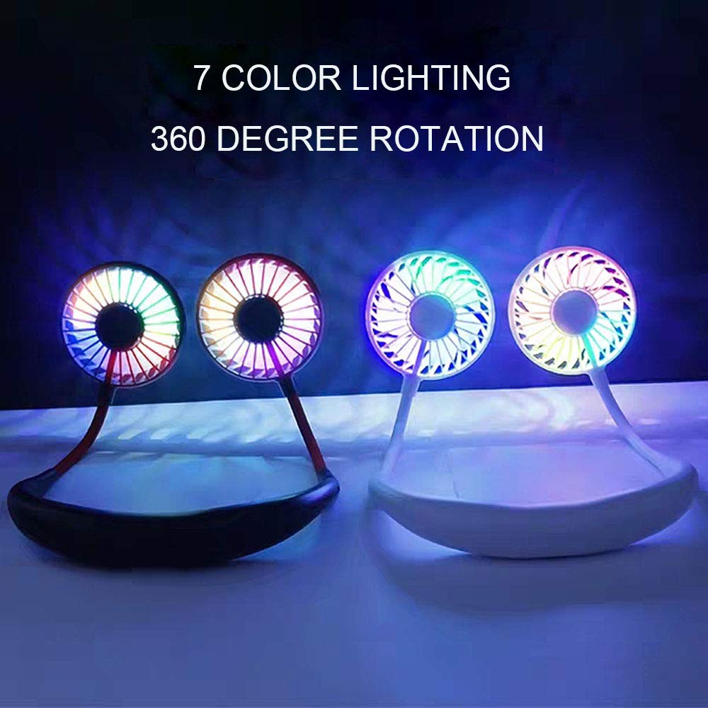 Sports Fan, Wisfun USB Portable Neck Hanging Fan, 7 Color LED Hand-Free USB Personal Fan, Portable Headband Fans with Dual 360 Degree Rotation Head for Outdoor Sport Camping Traveling Office (Black)