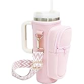 Water Bottle Holder with Strap for Stanley Cup 40 oz Tumbler with Handle, Super Large Capacity Pocket, Water Bottle Carrier Bag with Phone Pocket for Stanley Cup Accessories (Pink)