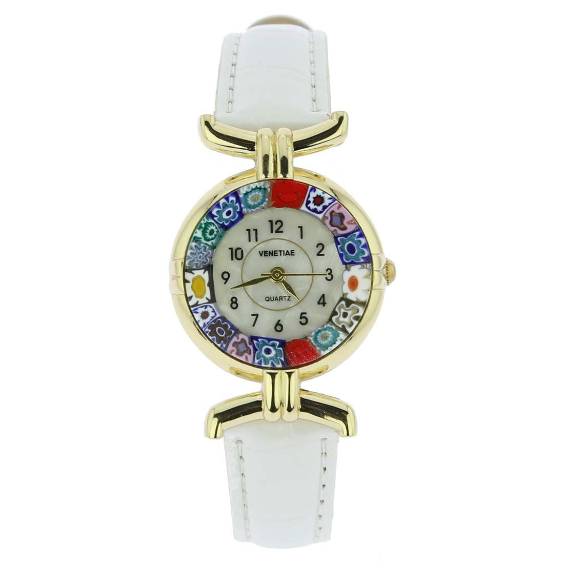 Glass Of Venice Murano Glass Millefiori Watch with Leather Band - Gold-Tone White Multicolor - Italian Fashion Watch for Women