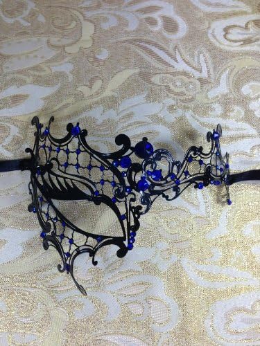 Mysterious Black Laser Cut Venetian Half-Mask Impression Masquerade Mask for Mardi Gras Or Halloween - Decorated with Sparkling Blue Gem Crystals