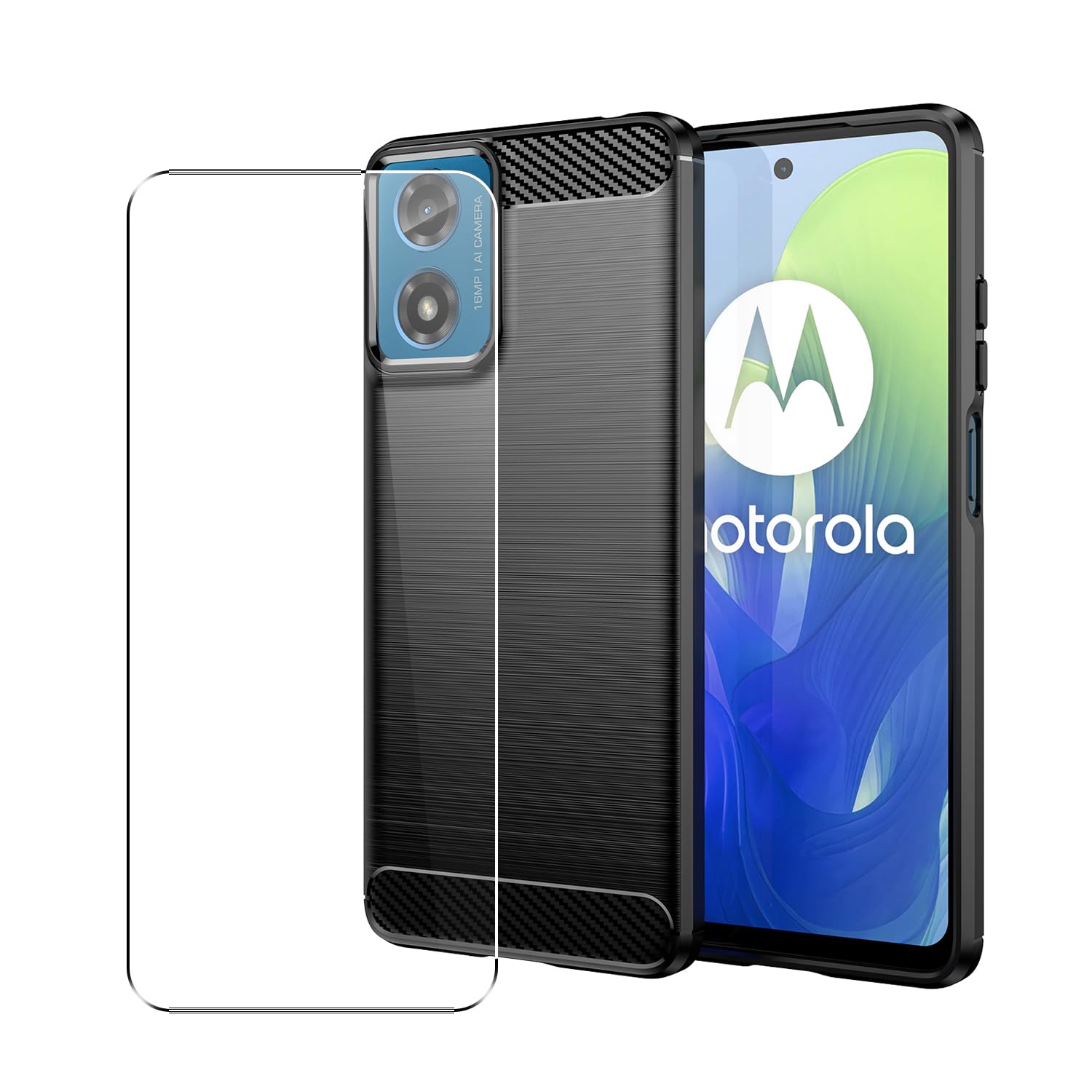 SDTEK Case for Motorola Moto E14 Full Body Front and Back 360 Protection Carbon Fibre Phone Cover with Tempered Glass Screen Protector