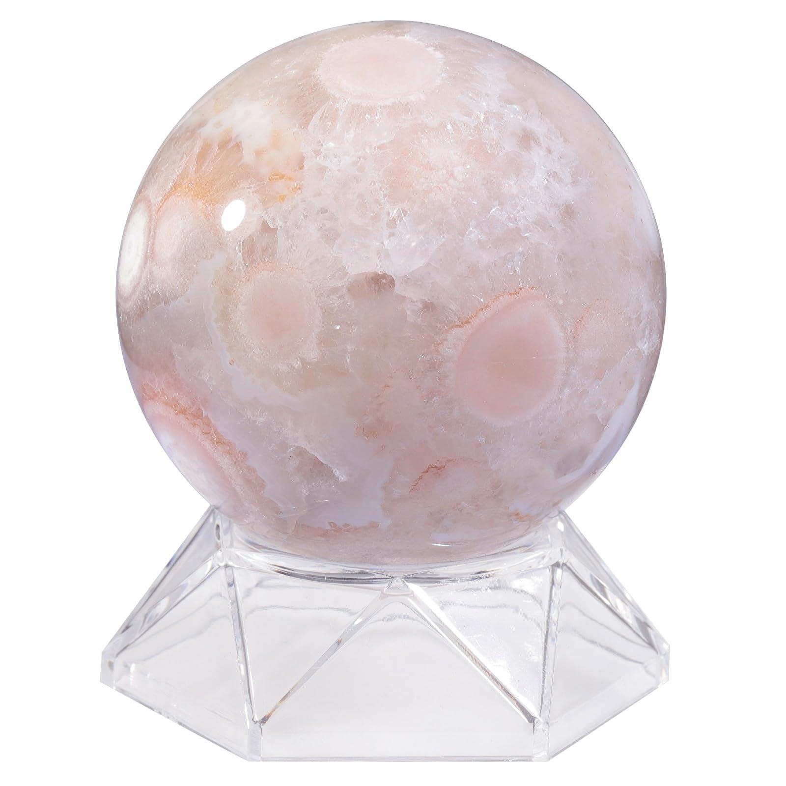 KYEYGWO Cherry Blossom Agate Crystal Ball with Acrylic Stand, Decorative Sphere for Witchcraft Fortune Teller Home Decor, 71-80 mm